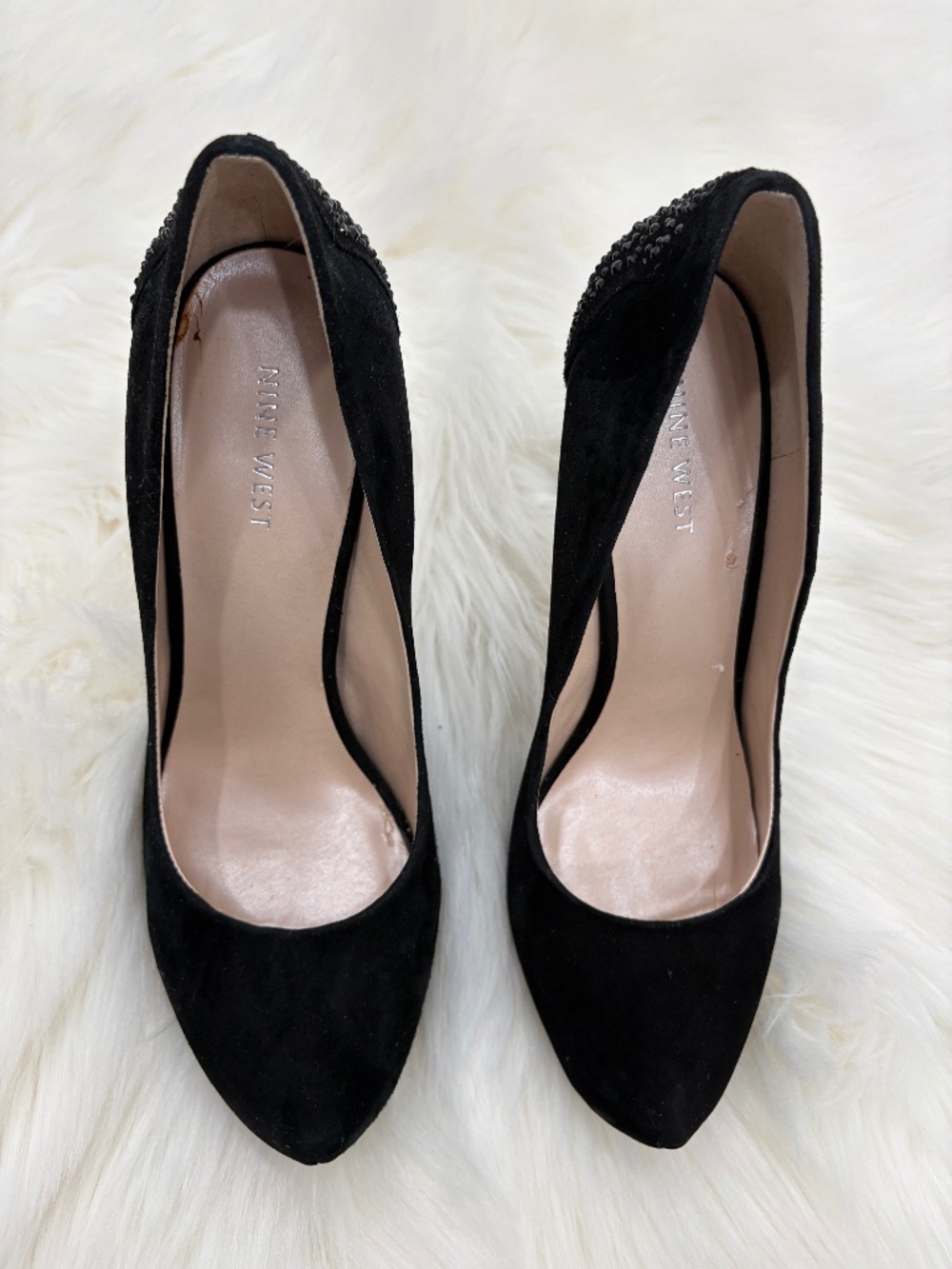 Nine West Coldfeet Black Rhinestone Suede Heels Women's Shoes - Size 9